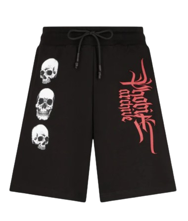 PHOBIA BLACK SHORTS WITH RED TRIPLE SKULL PRINT