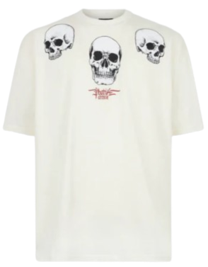PHOBIA WHITE T-SHIRT WITH RED TRIPLE SKULL PRINT