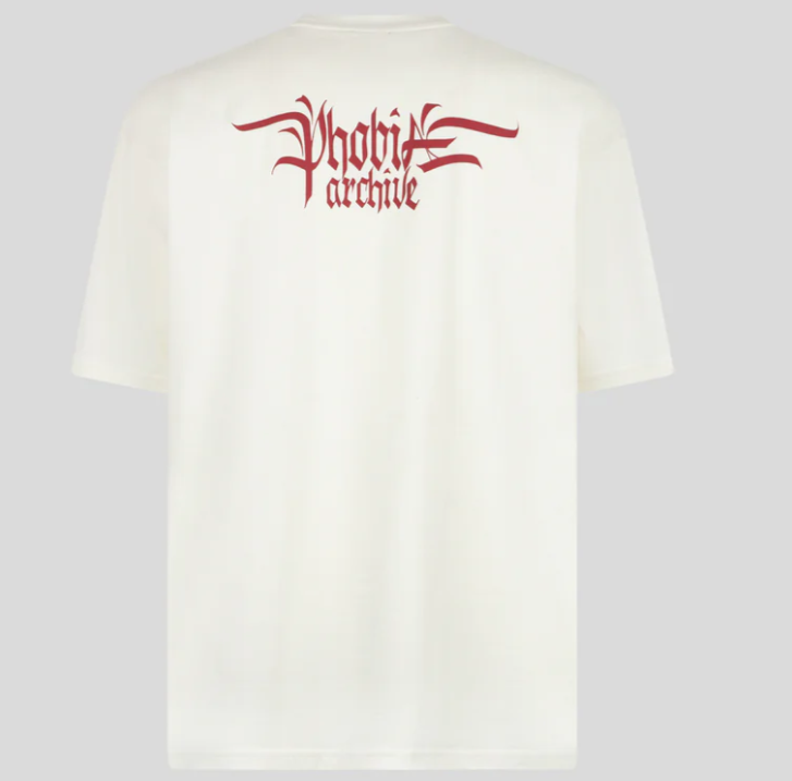 PHOBIA WHITE T-SHIRT WITH RED TRIPLE SKULL PRINT